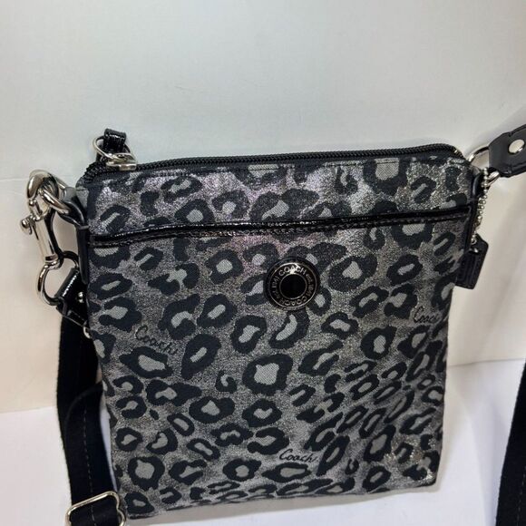 COACH Leopard Ocelot Black Silver Metallic Crossbody Handbag Purse Shoulder Bag - Picture 2 of 8